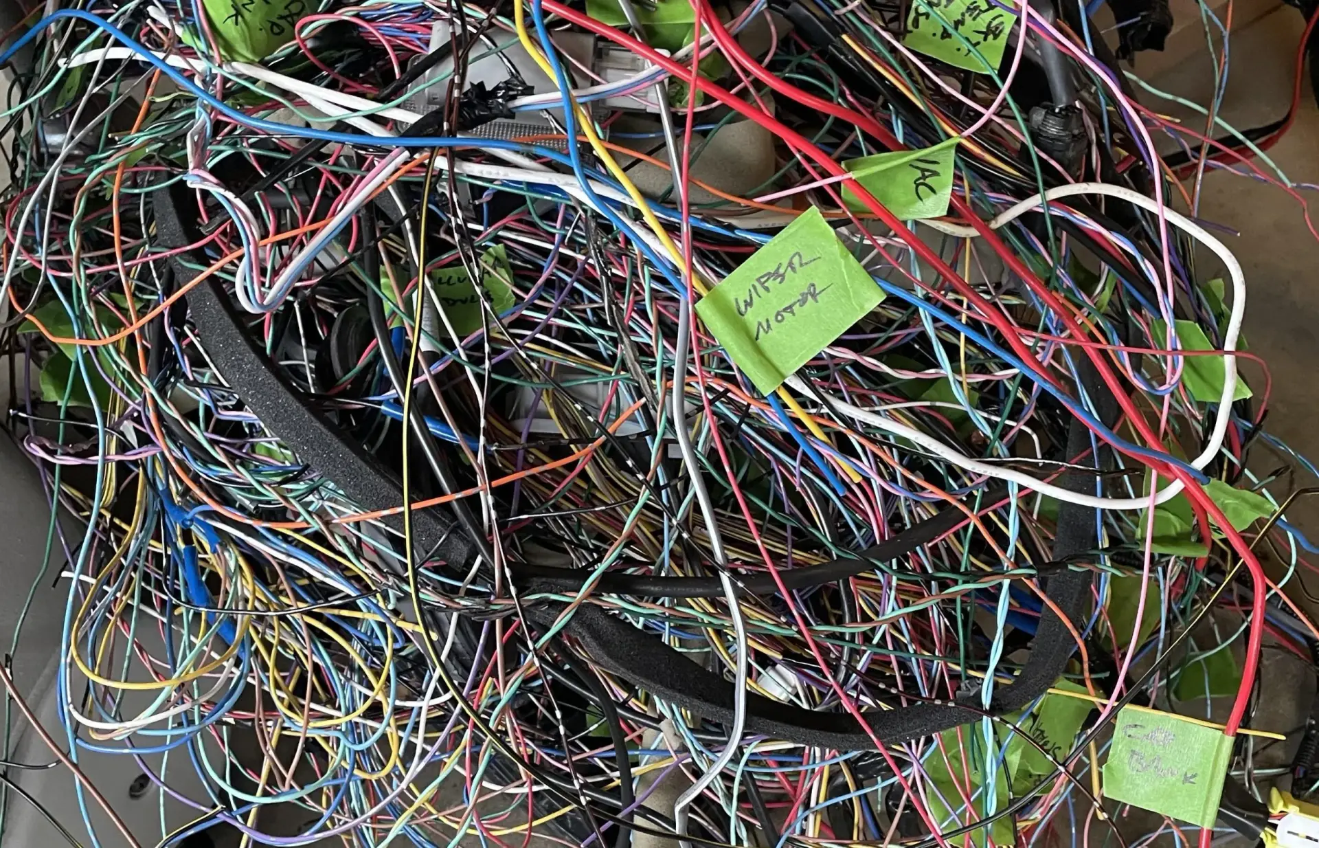 Tangled wiring harness in an early Porsche